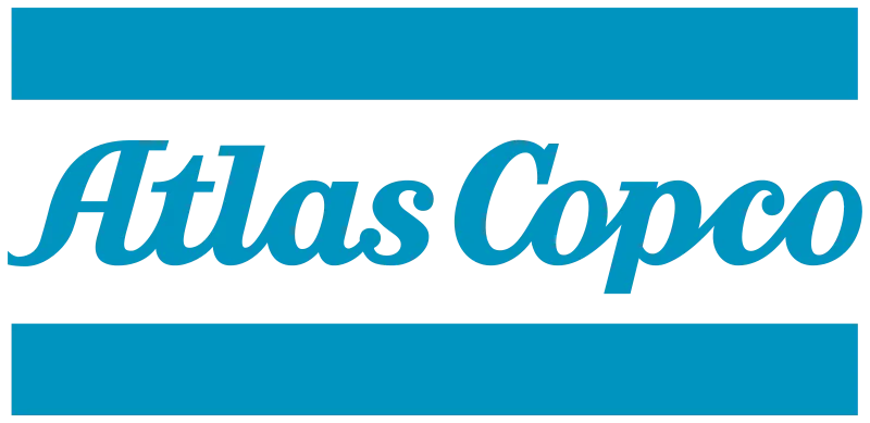 Logo of Atlas Copco featuring the company name in blue, cursive text between two horizontal blue lines against a white background.